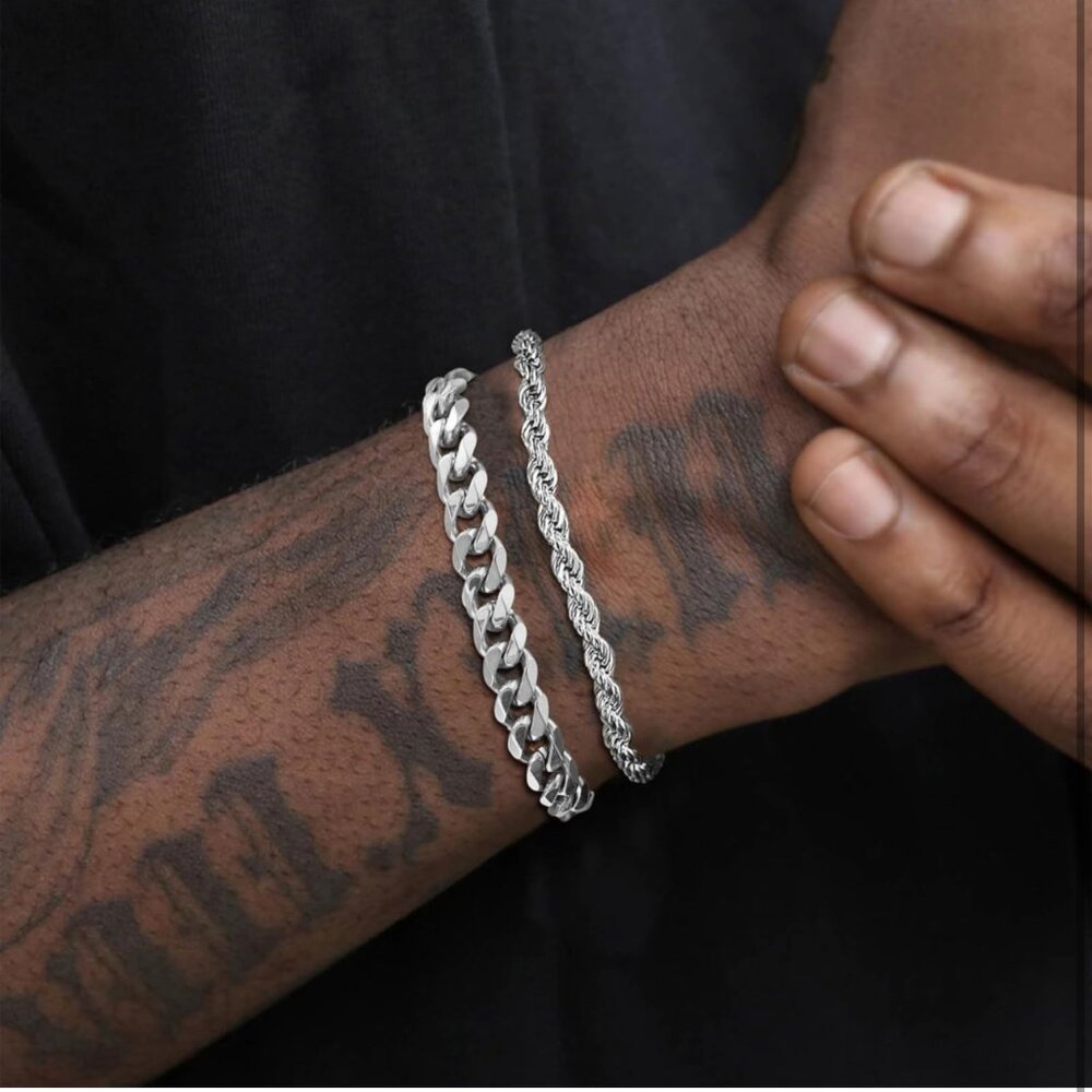 Silver Cuban Chain Bracelet Set, Waterproof Stainless Steel, Adjustable - Picture 5 of 9
